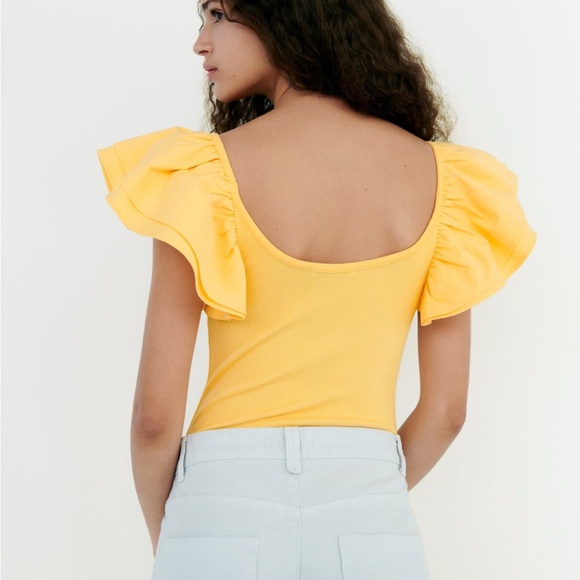Zara NWOT yellow ruffle sleeves bodysuit top, stretchy - Picture 8 of 10